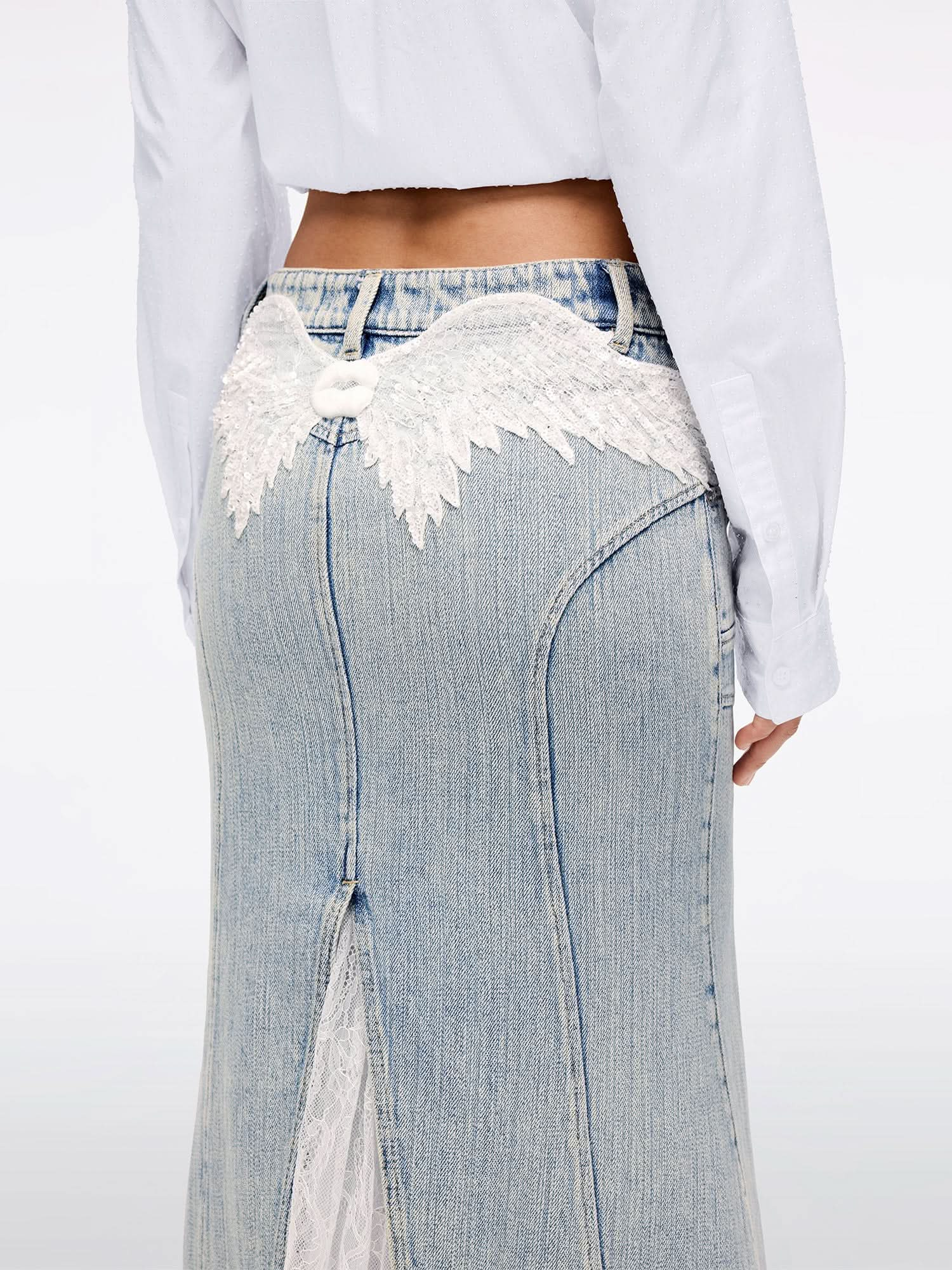 Beaded Lace Denim Maxi Skirt