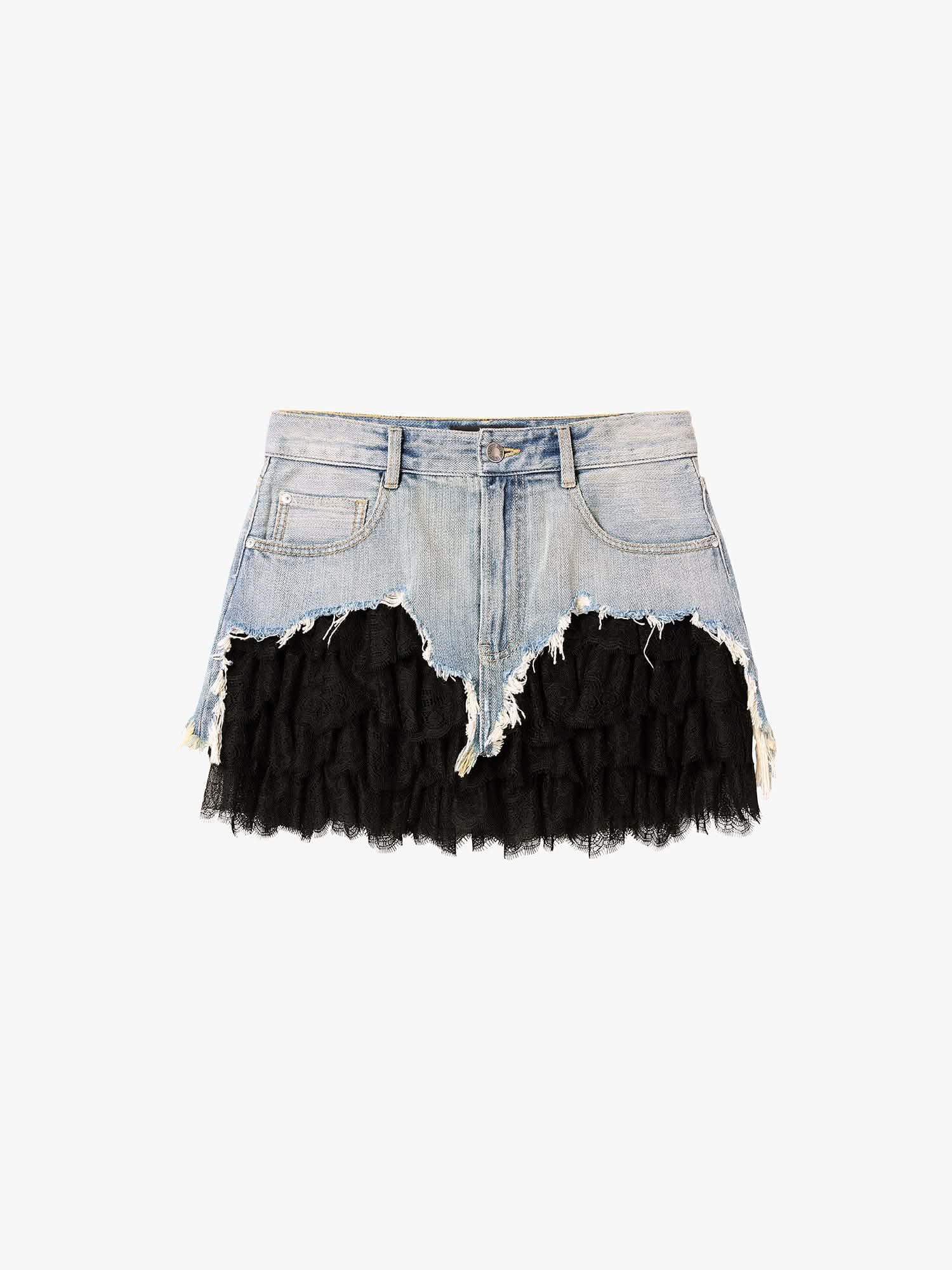 Lace Patchwork Denim Mini Skirt