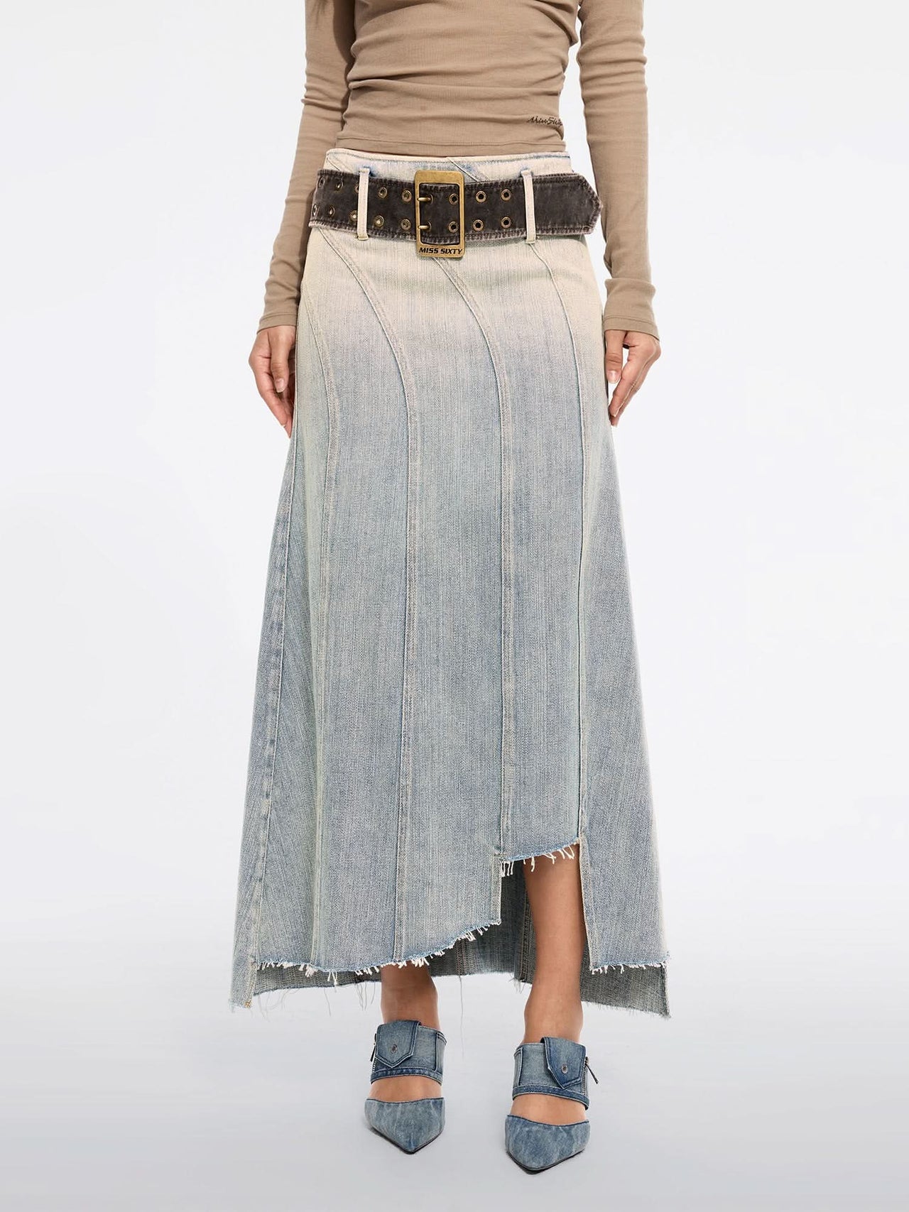 Asymmetric Denim Maxi Skirt