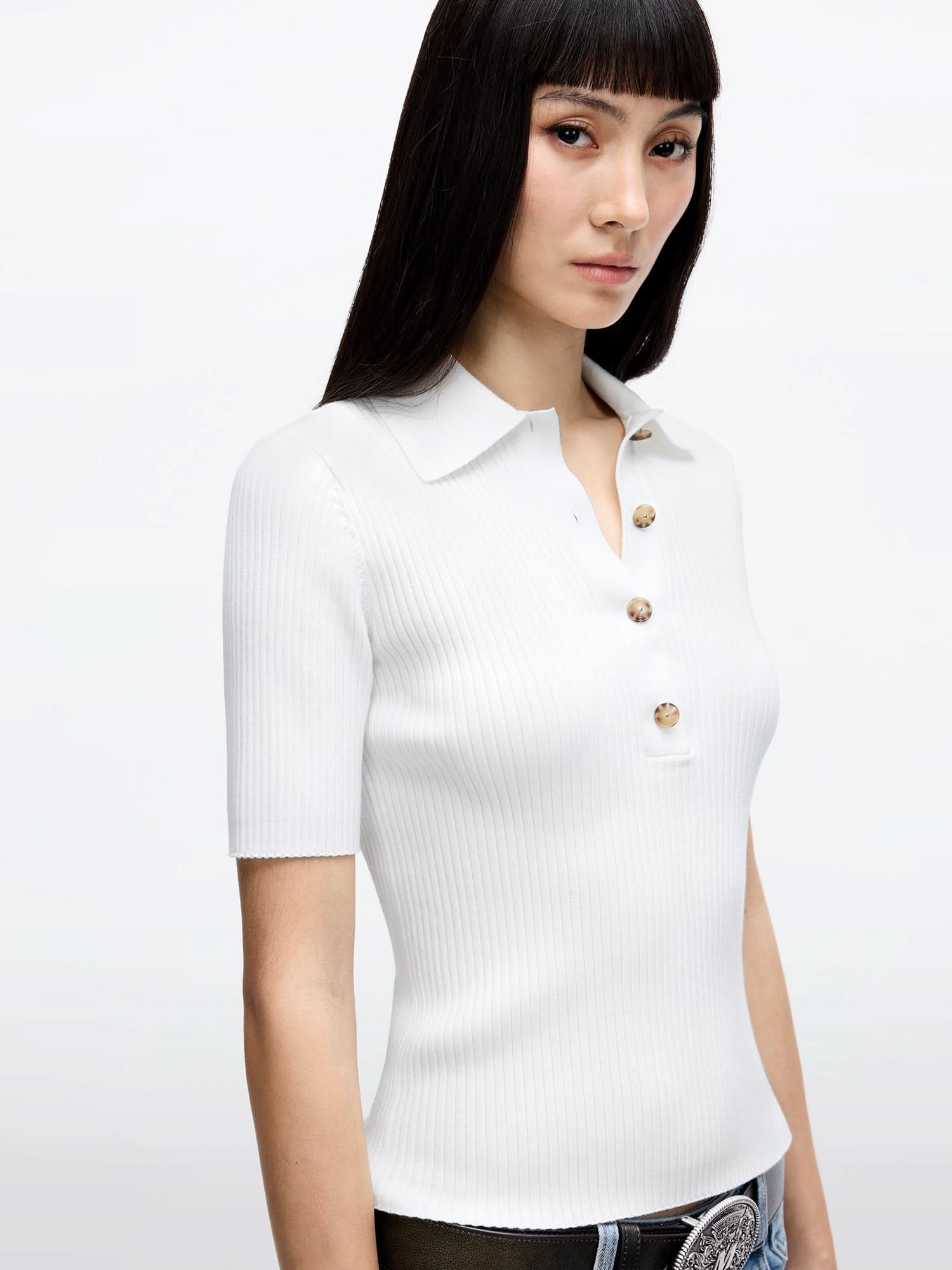 Polo Collar Cropped Knit Top