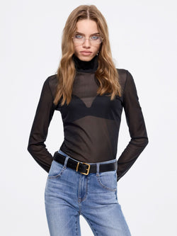 Mock Neck Sheer Mesh T-Shirt