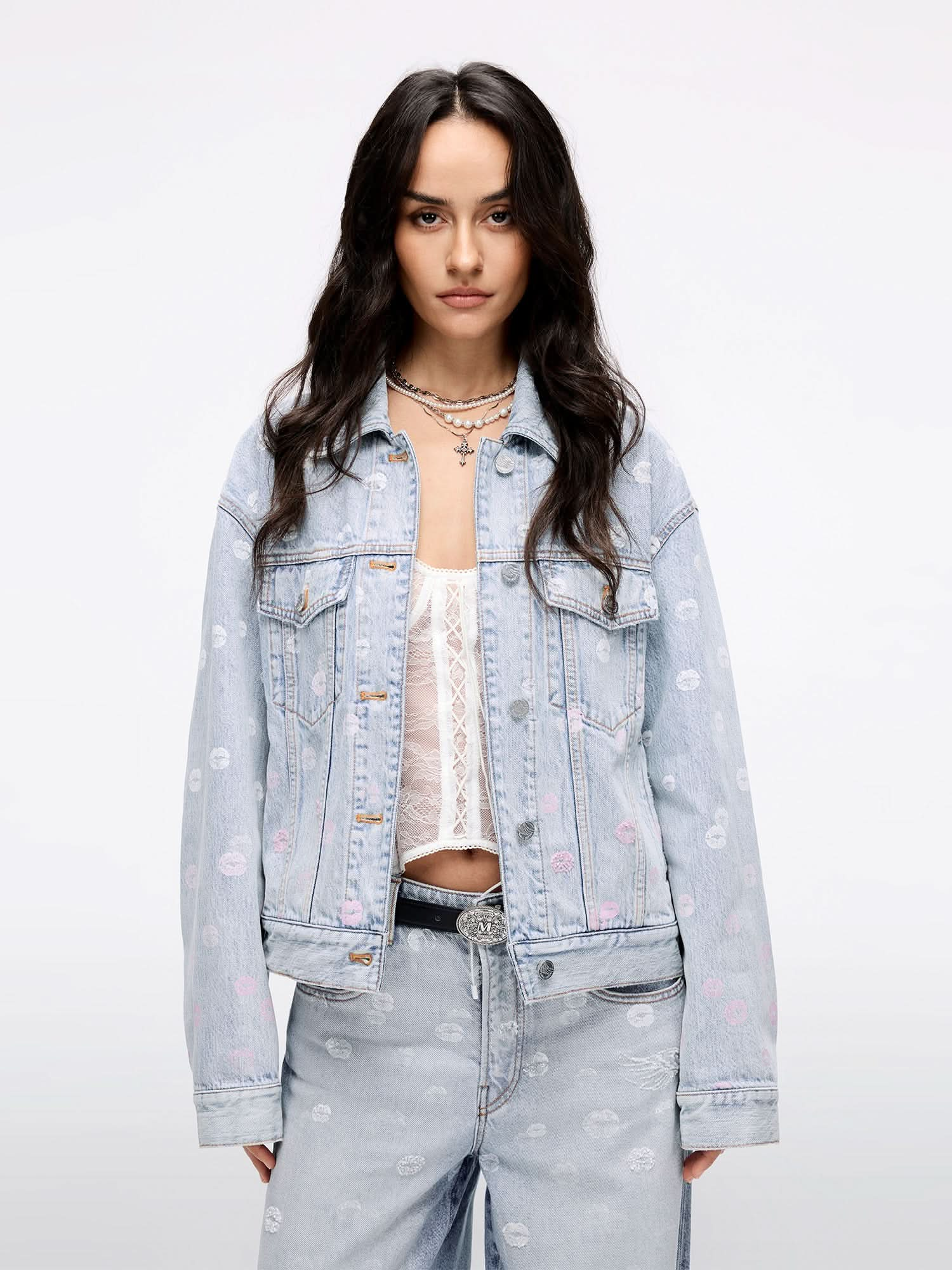 Wing-Embellished Beaded Denim Jacket