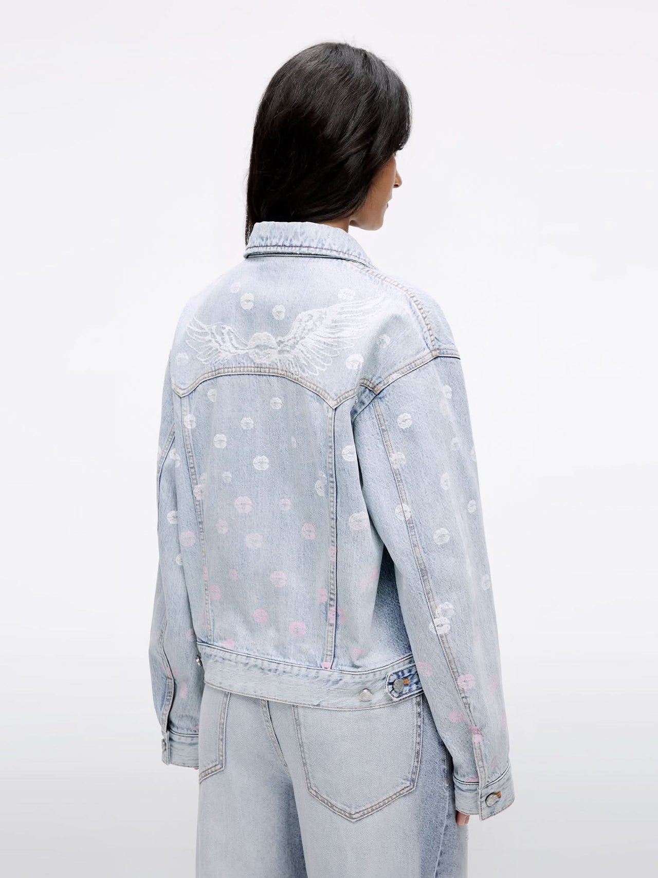 Wing-Embellished Beaded Denim Jacket