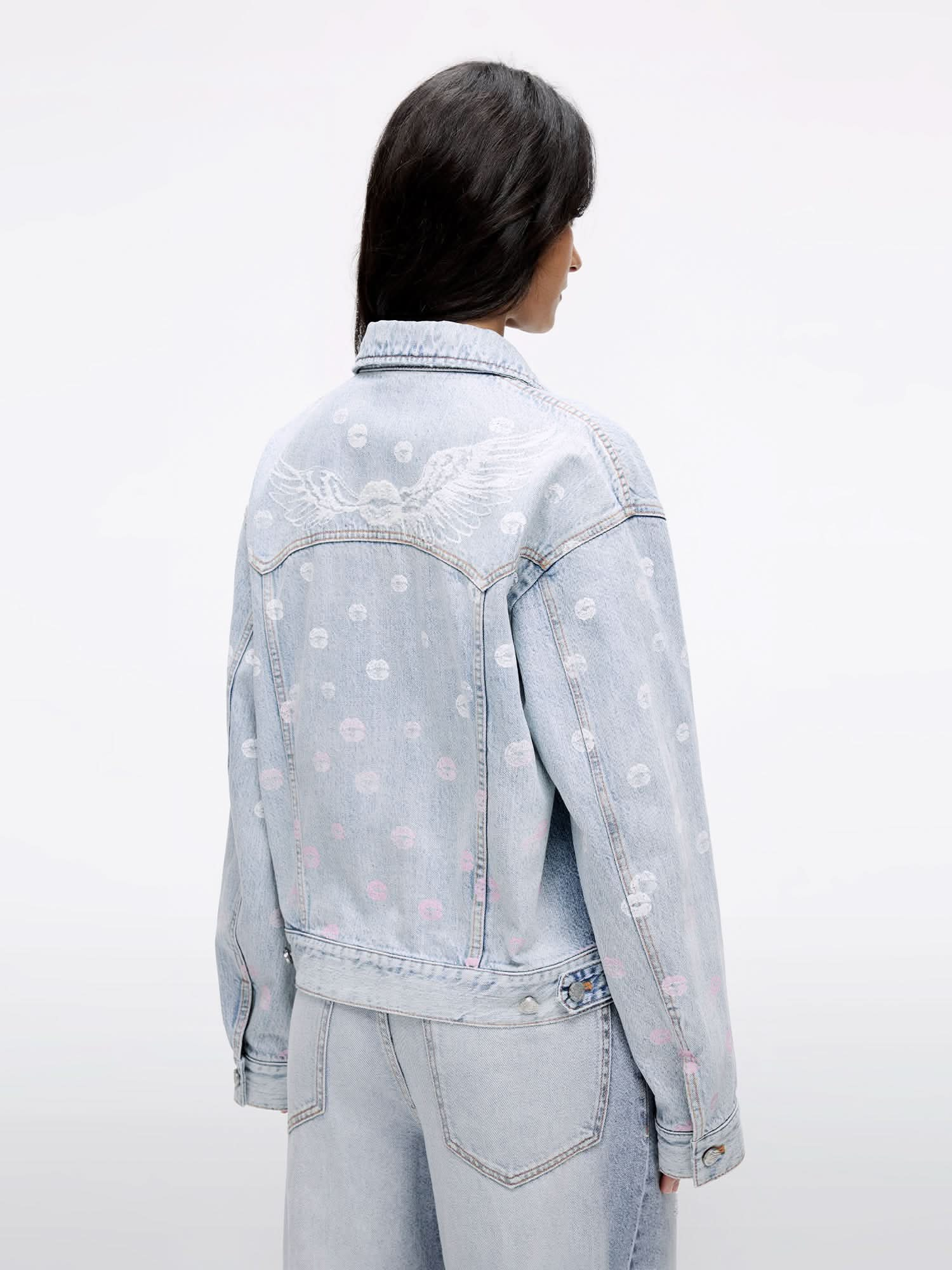 Wing-Embellished Beaded Denim Jacket