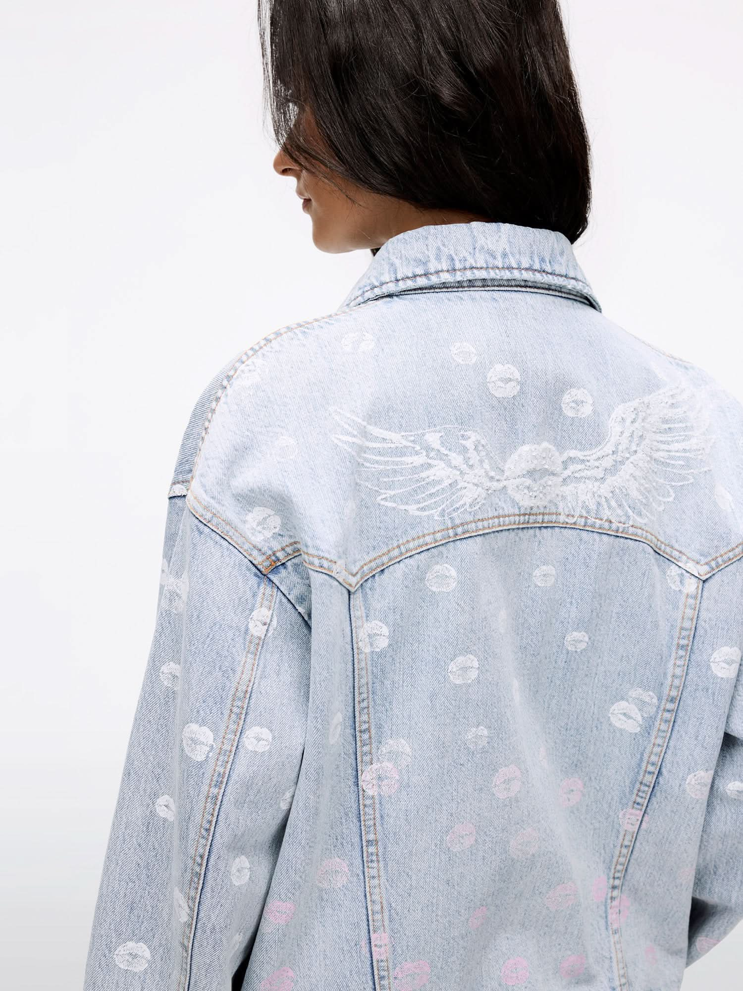 Wing-Embellished Beaded Denim Jacket