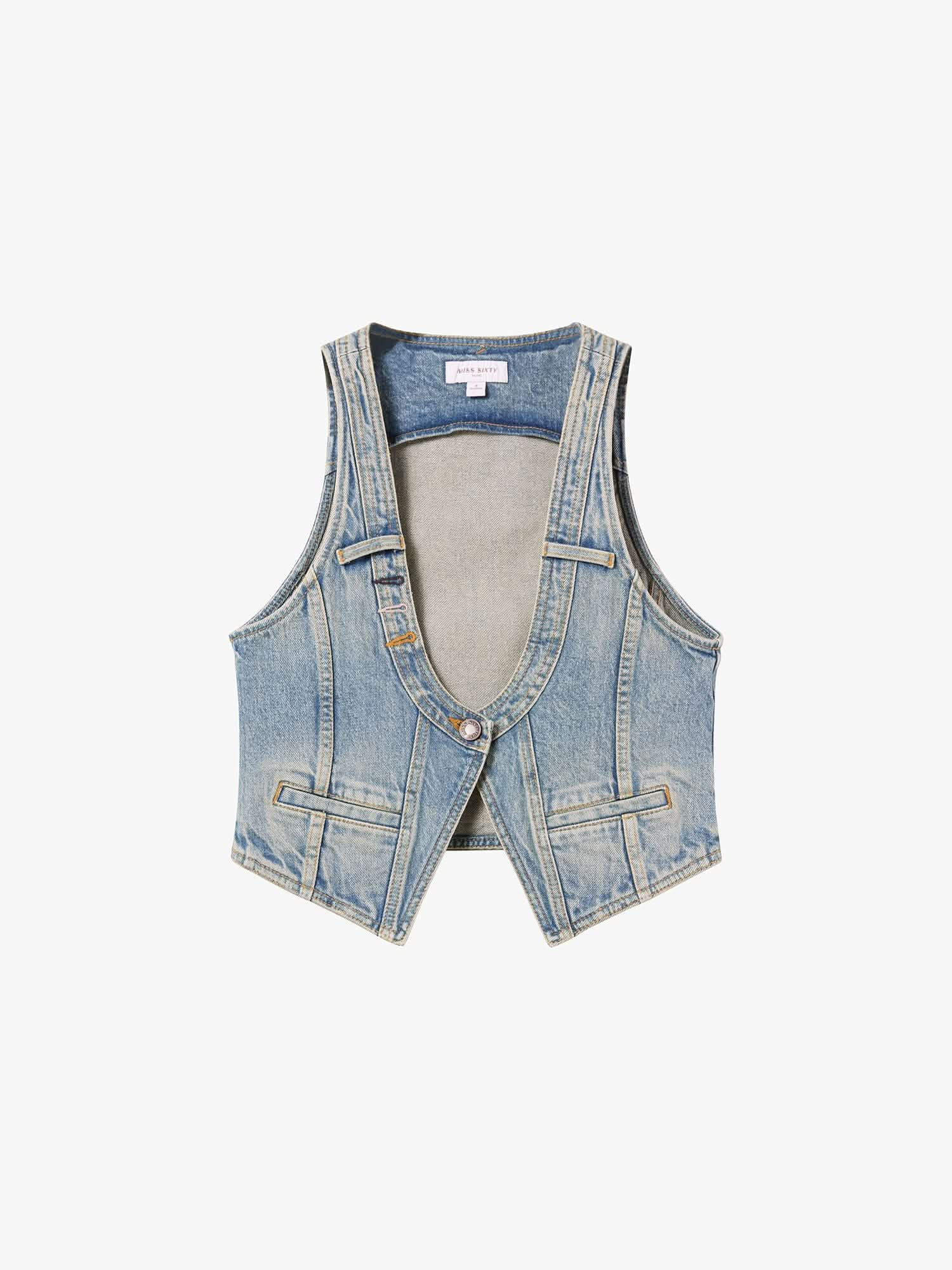 Single Button Cropped Denim Vest