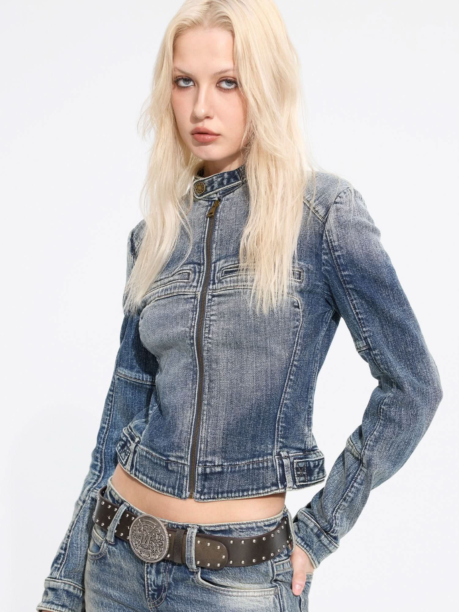 Zippered Cropped Denim Jacket