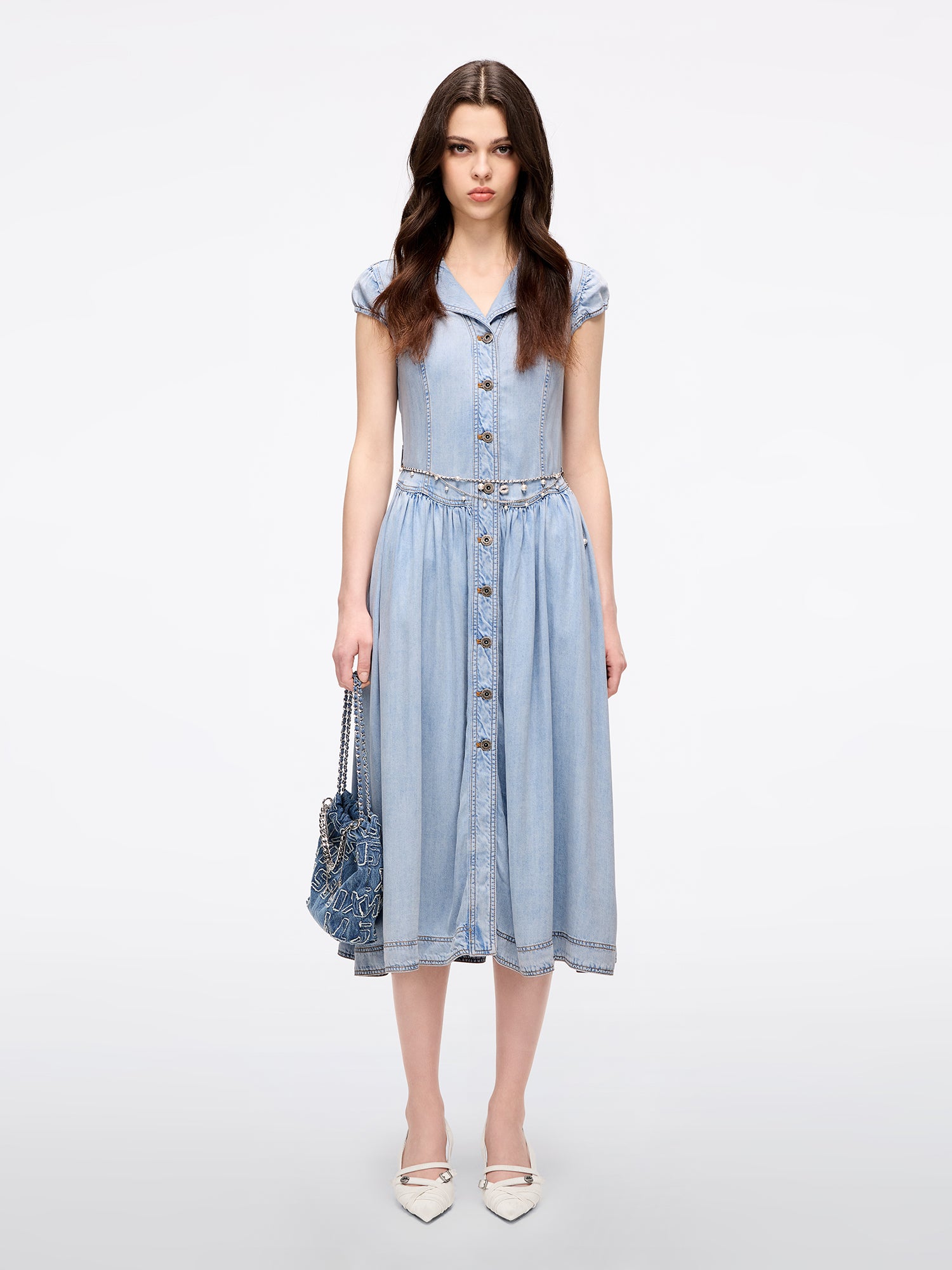 Denim Dress with Waist Chain