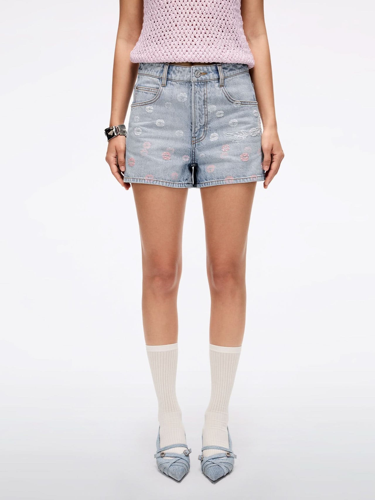 Wing-Embellished Beaded Denim Shorts