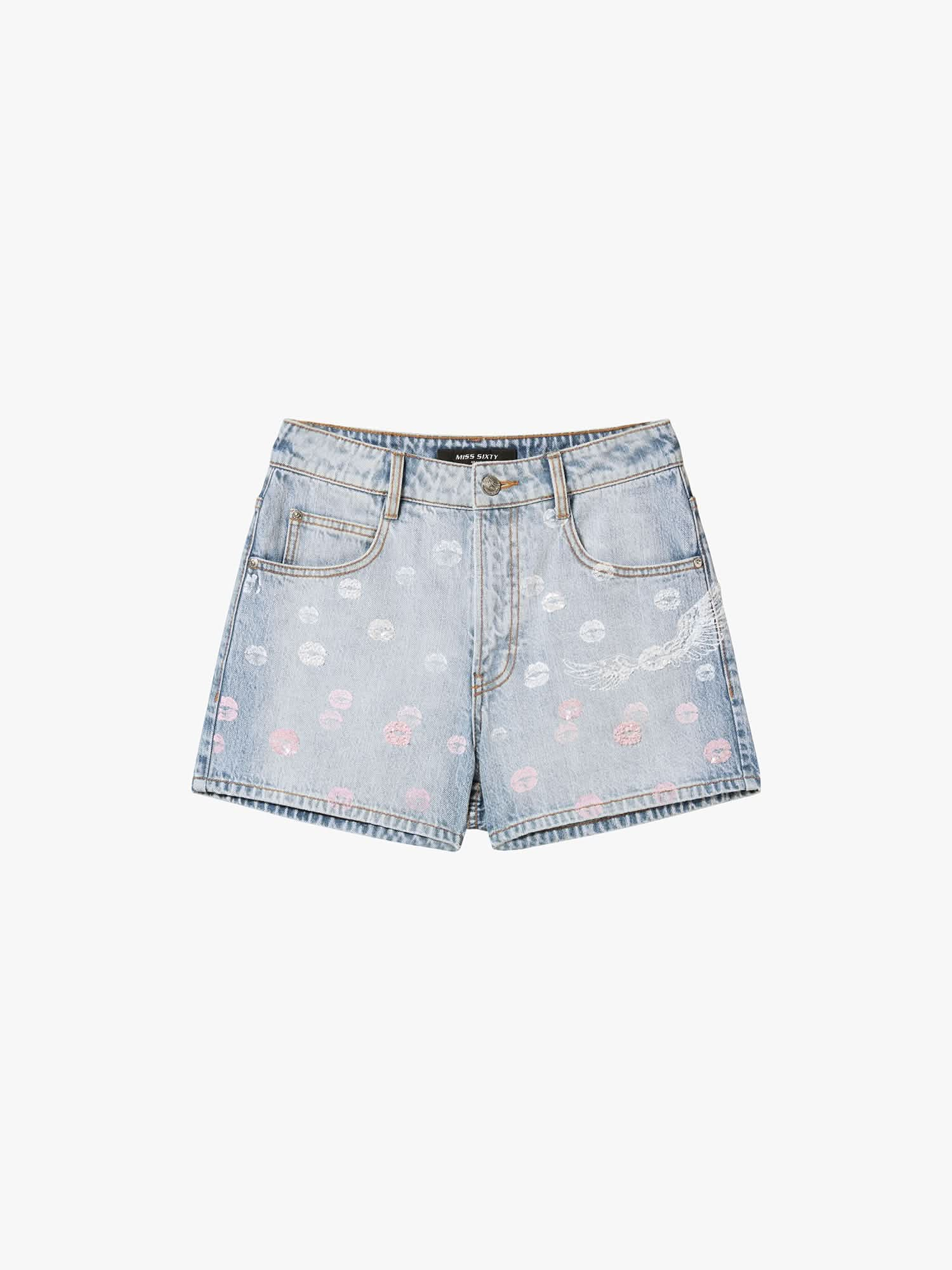 Wing-Embellished Beaded Denim Shorts