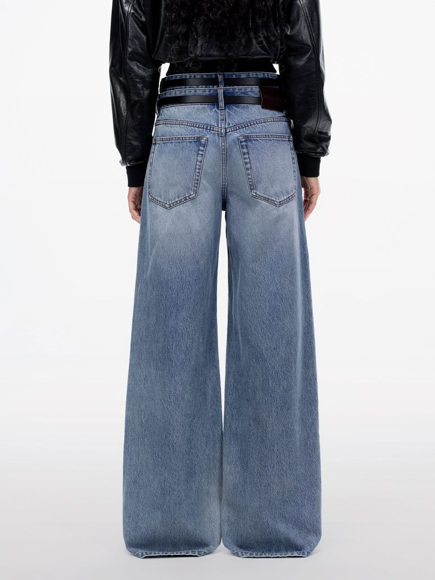 Double Belt High-Waisted Straight-Leg Jeans