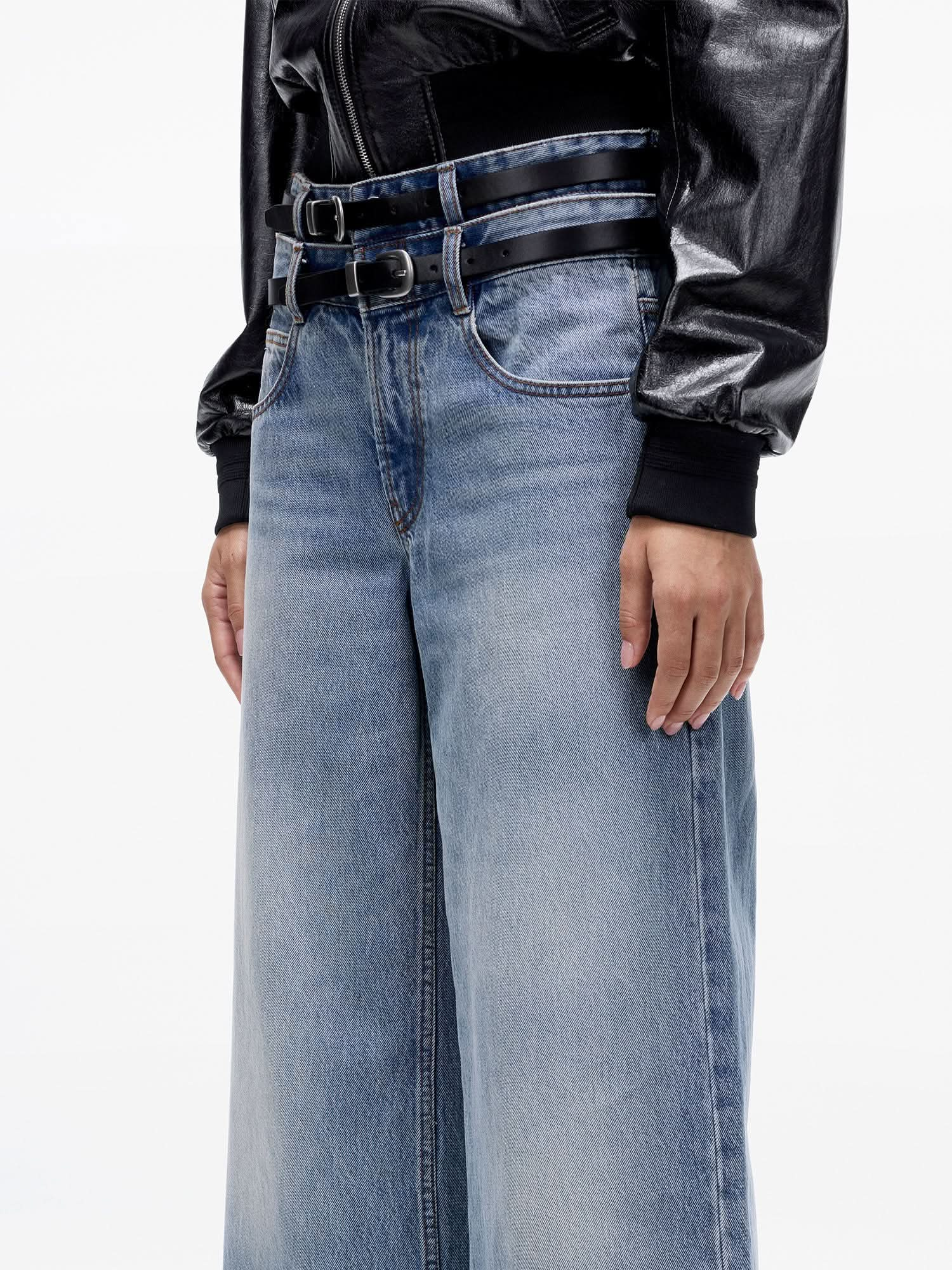 Double Belt High-Waisted Straight-Leg Jeans