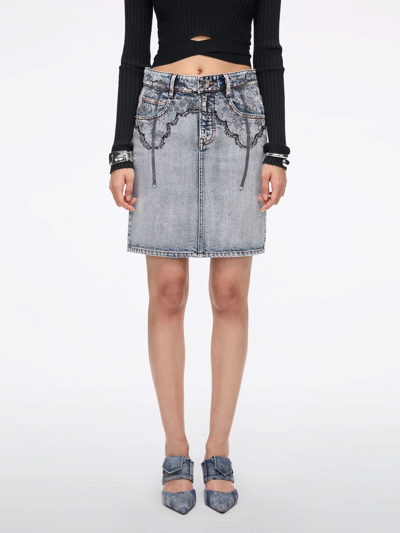 Printed Denim Mini Skirt