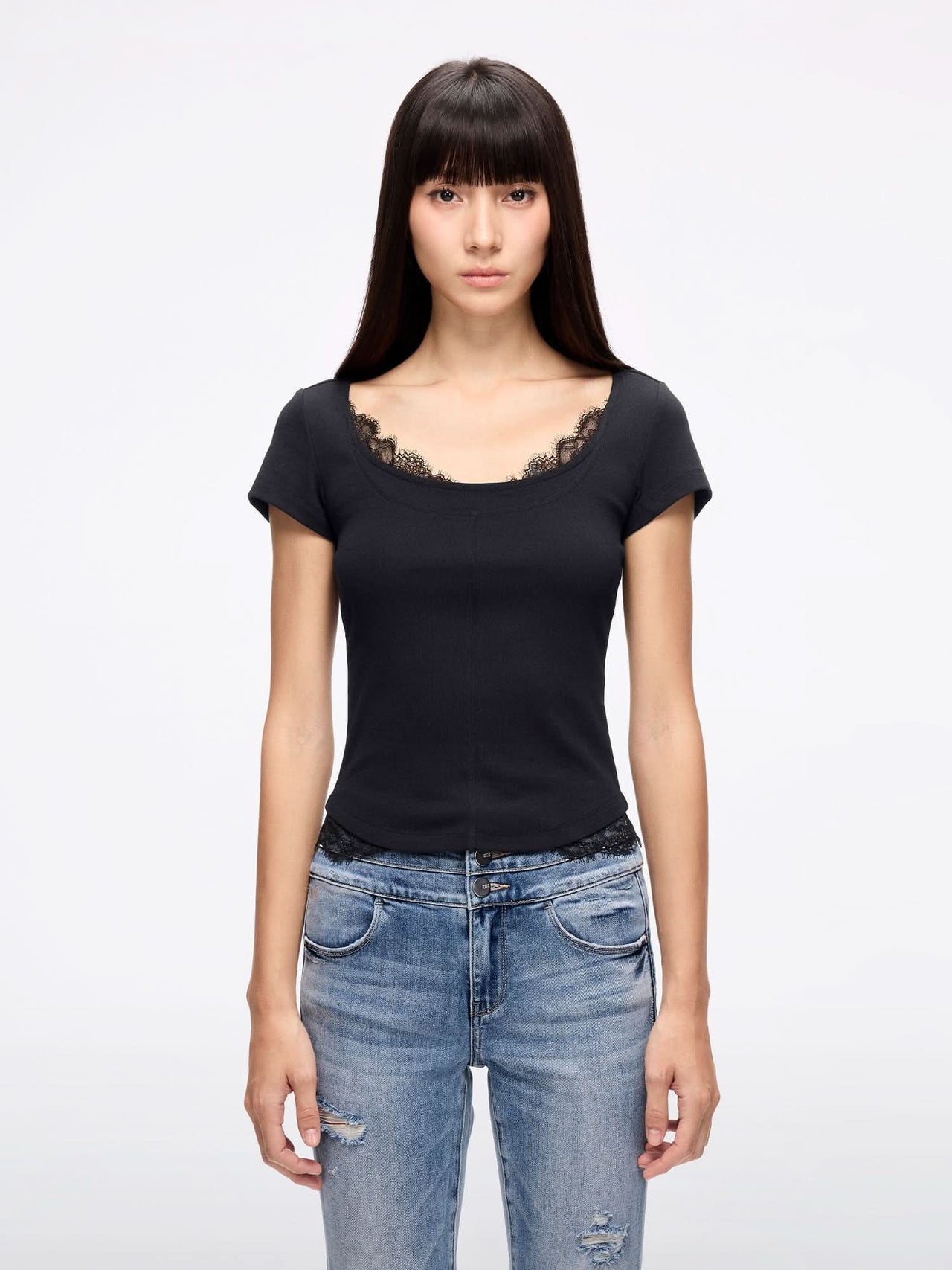 Lace Panel Cropped T-Shirt