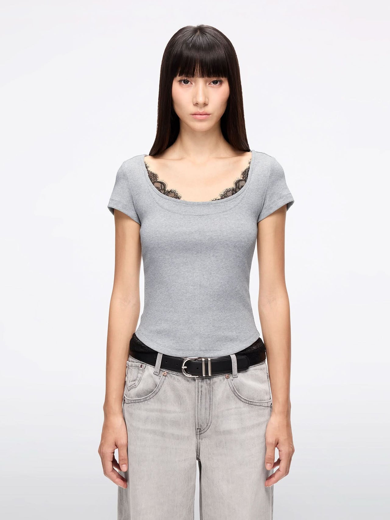 Lace Panel Cropped T-Shirt