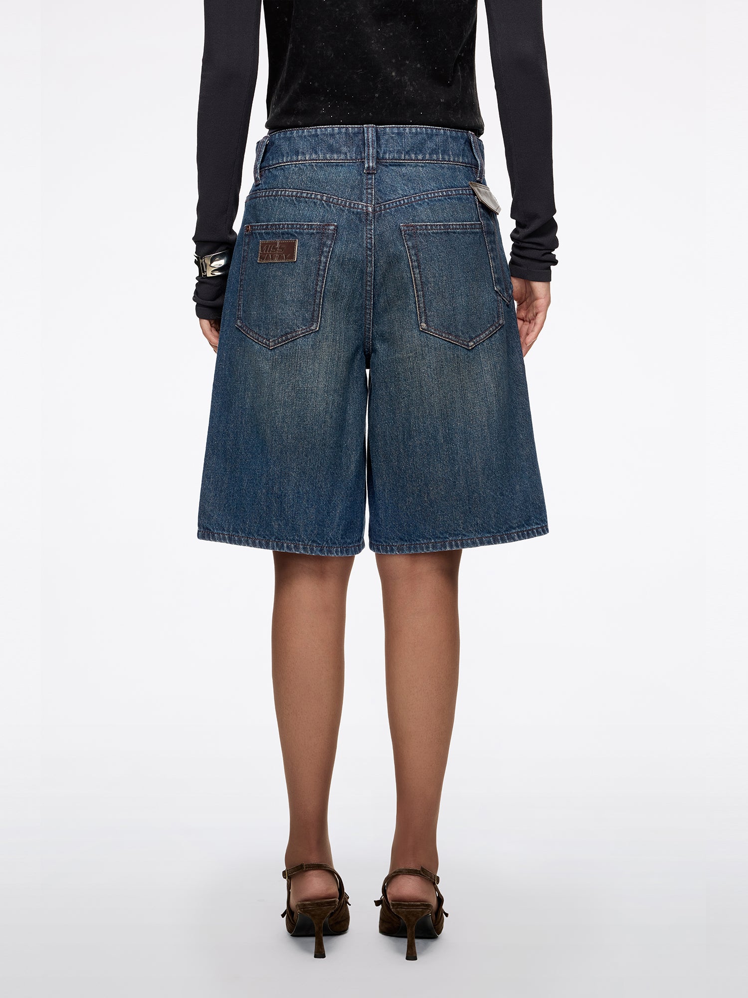 Leather-Panel Denim Bermuda Shorts