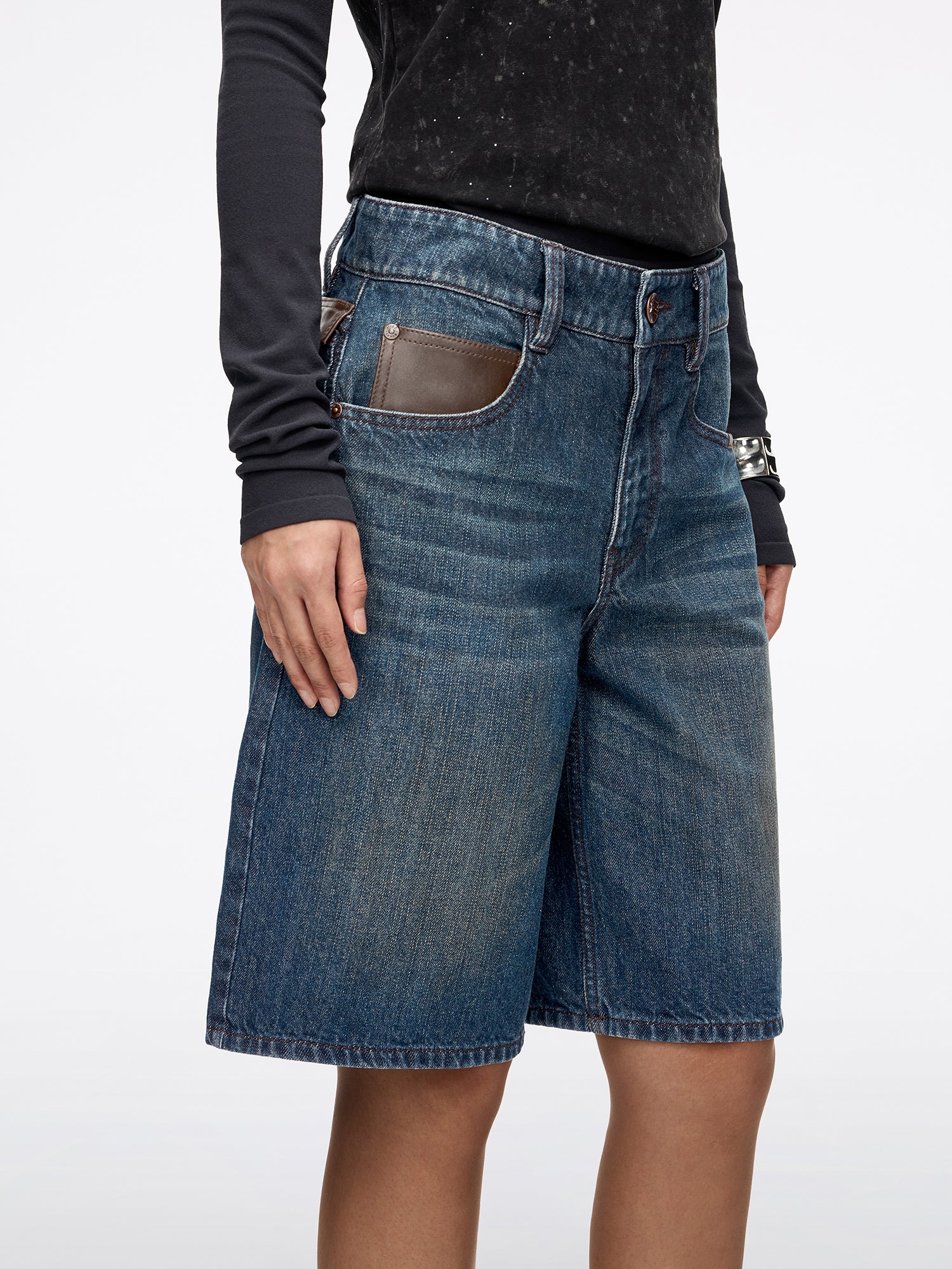 Leather-Panel Denim Bermuda Shorts