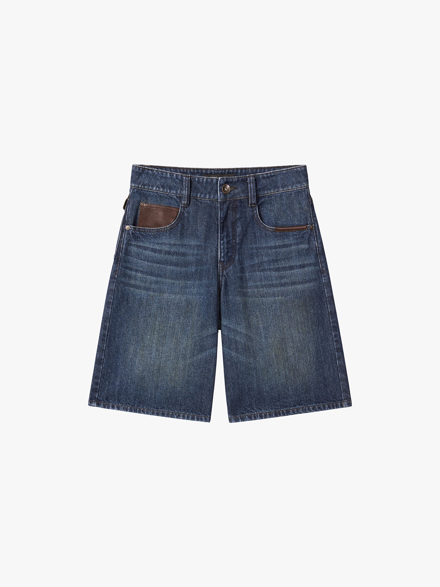 Leather-Panel Denim Bermuda Shorts