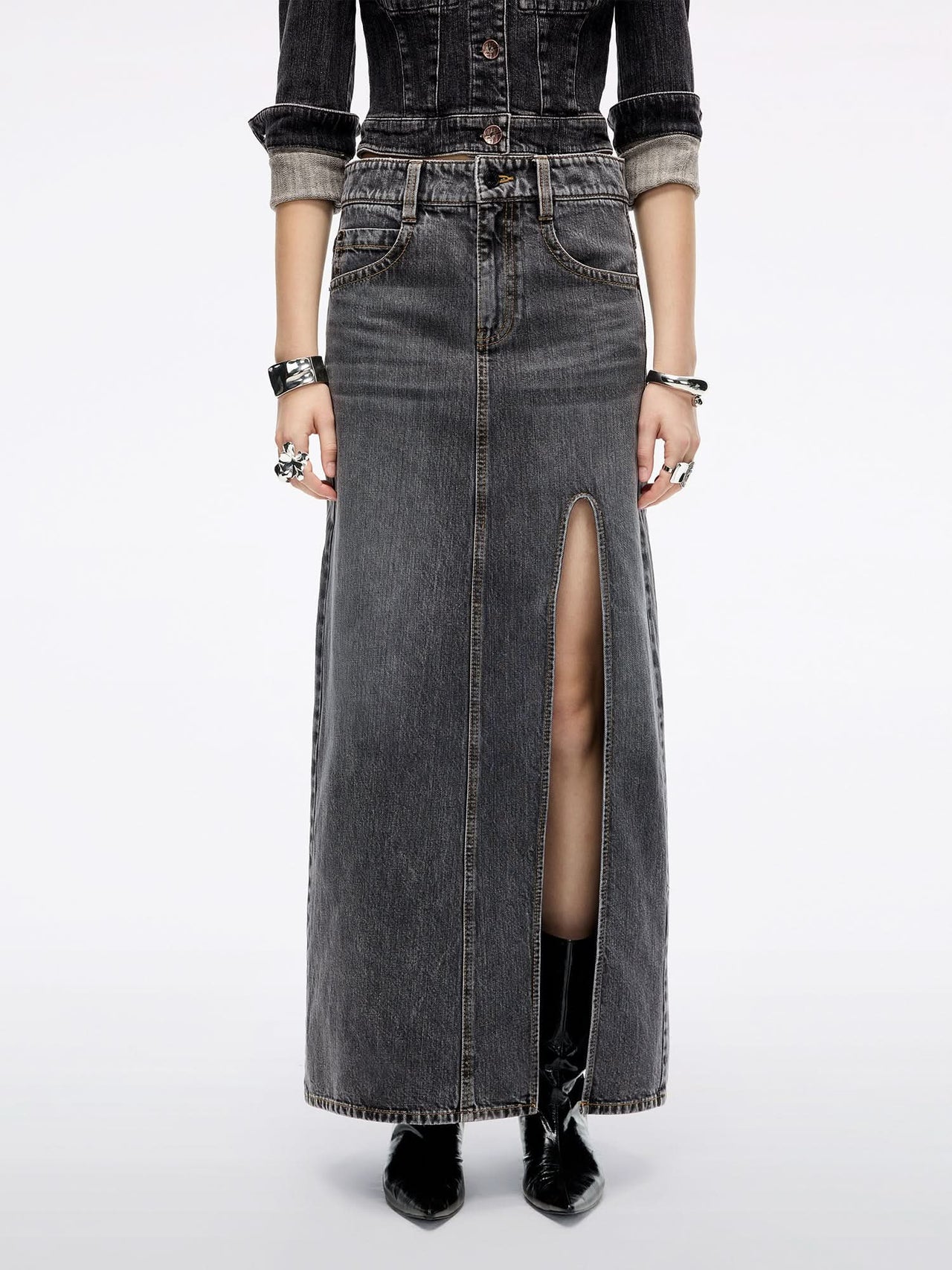 Slit Denim Maxi Skirt