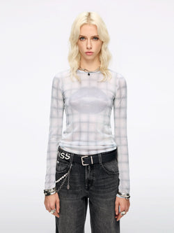 Plaid Lip Print Knit Top