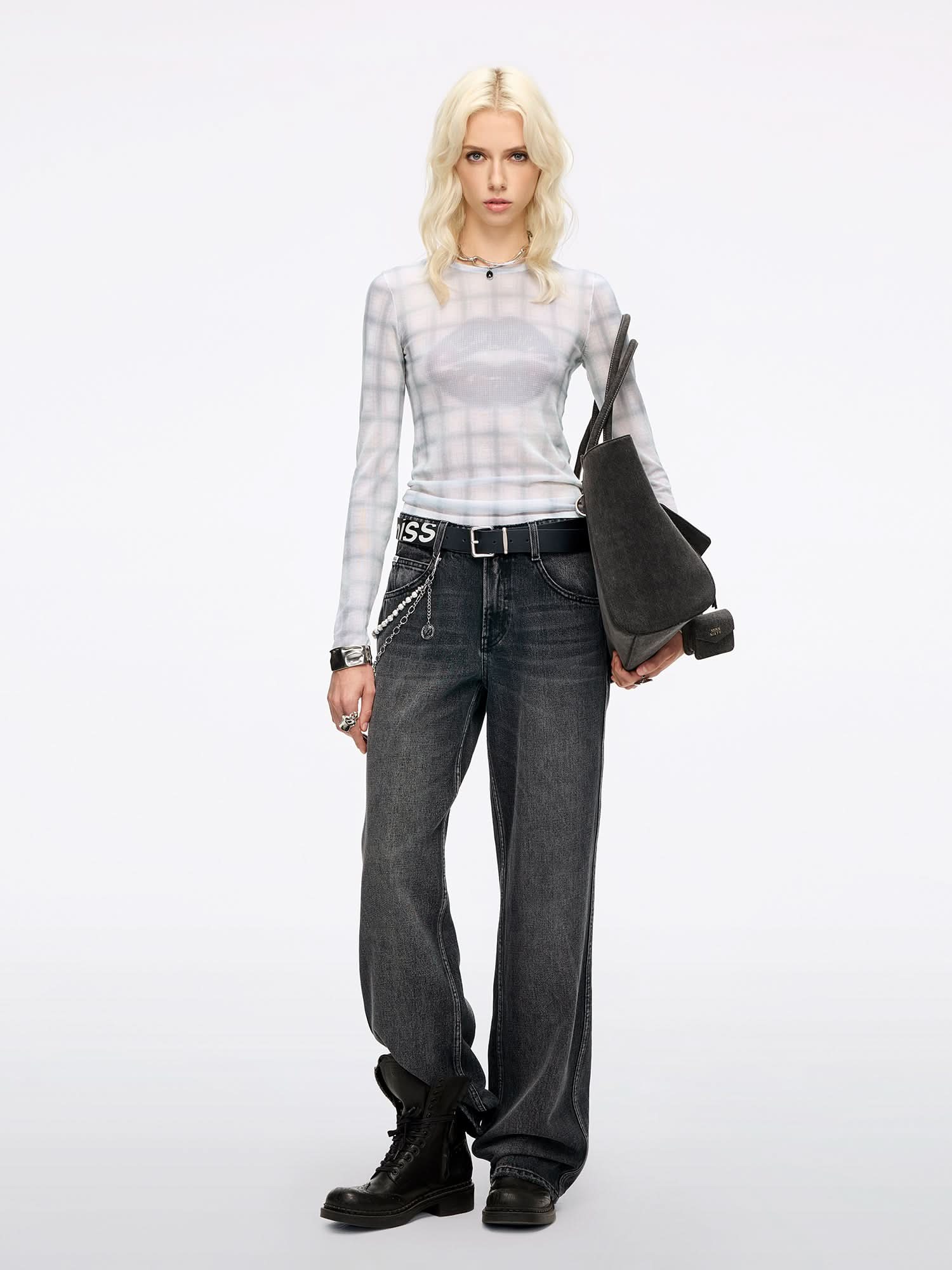 Plaid Lip Print Knit Top