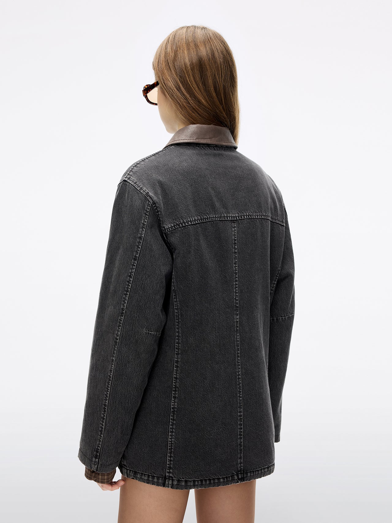 Leather-Panel Quilted Denim Jacket