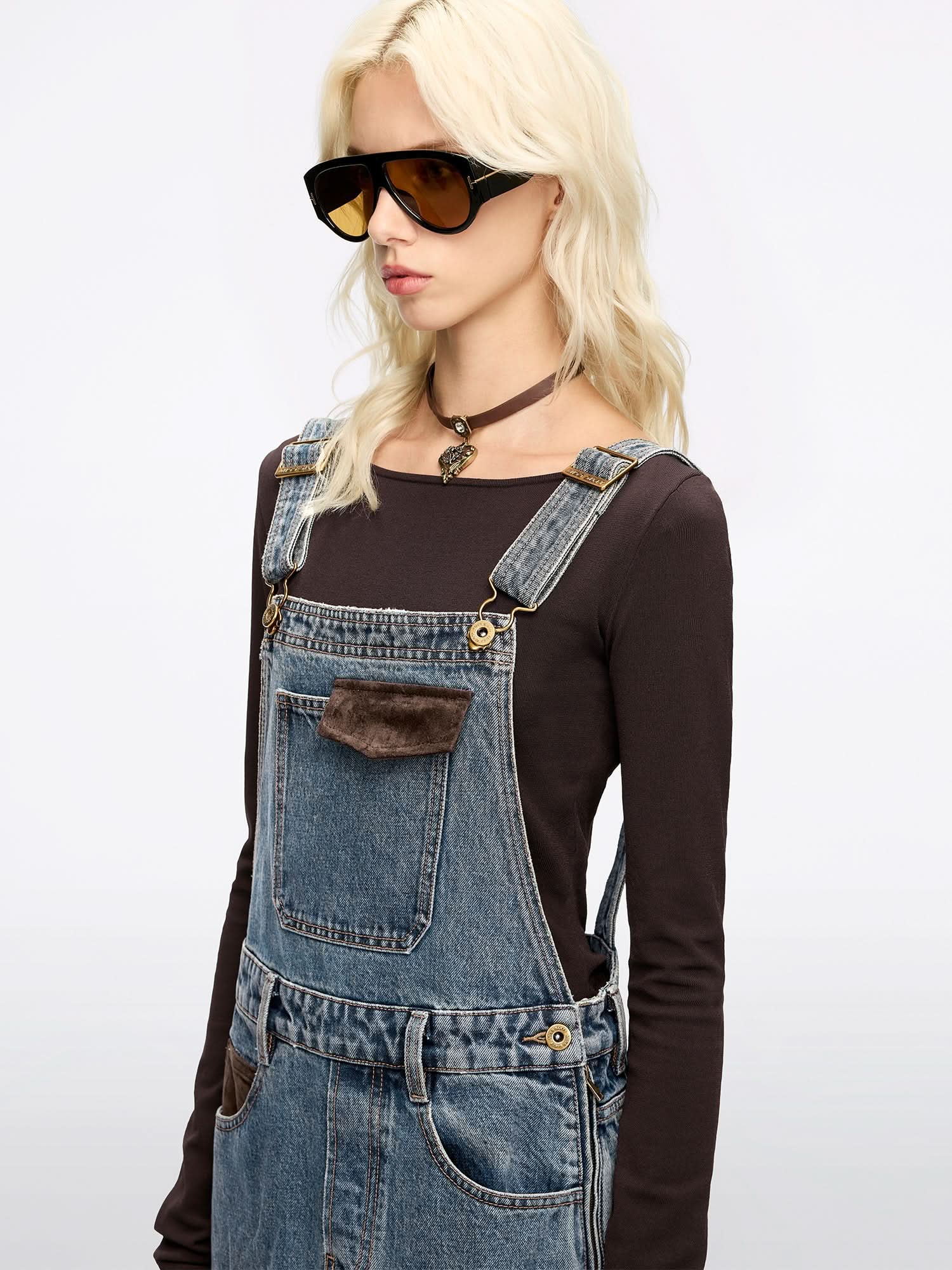 Leather Patch Denim Dress