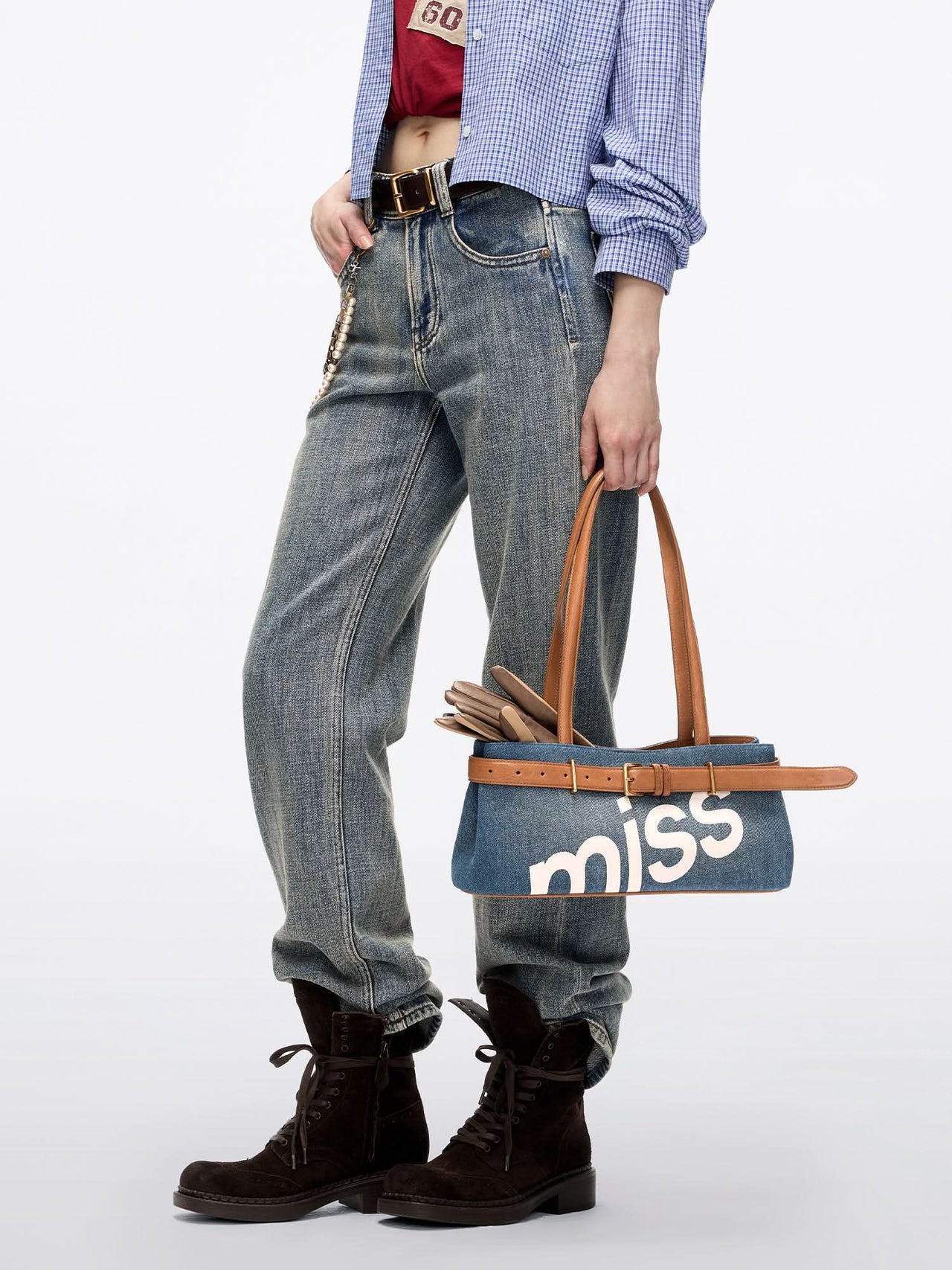 Leather Patch Denim Bag