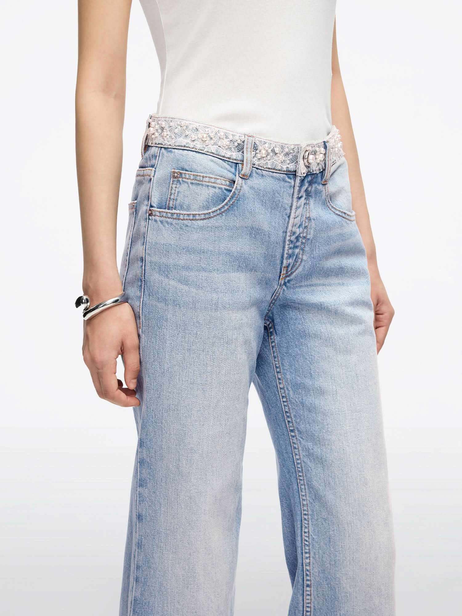Lace Beaded Straight Fit Jeans