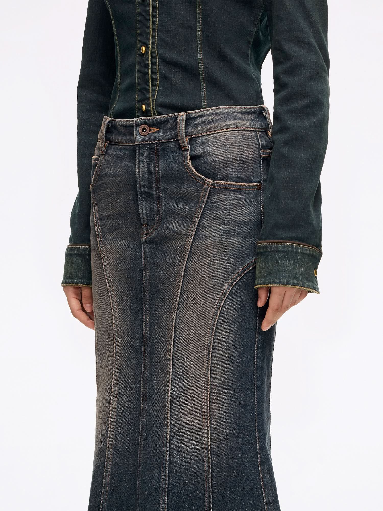 Distressed Mermaid Denim Skirt