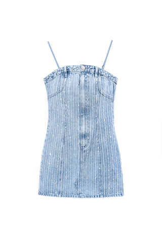 Striped Denim Slip Dress With Beaded Embellishment