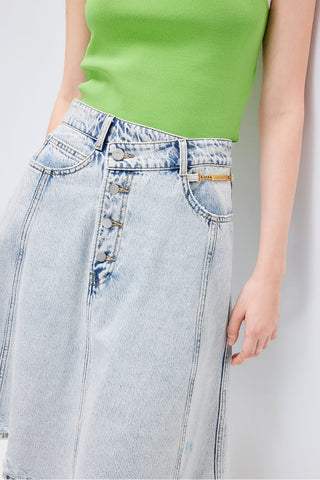 Slant Placket Denim Midi Skirt With Fringes Trims