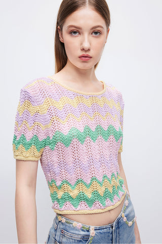 Ethnic-inspired Wavy Pattern Short-sleeve Knit Top