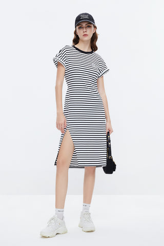Cotton Contrast Stripe Slit Dress