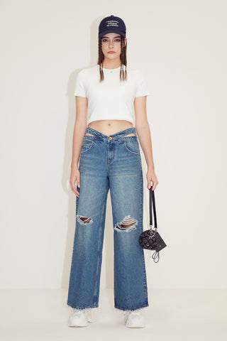 Butterfly Waistline Ripped Straight Fit Jeans
