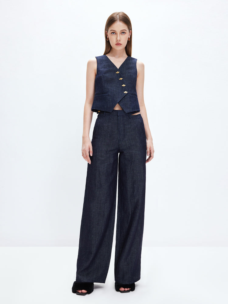 Dark Blue Cutout Wide-Leg Linen Jeans