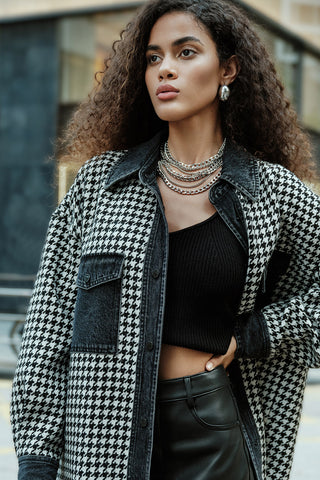 Polo Collar Oversize Hounstooth Panel Denim Jacket