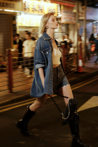 Vintage Blue Oversize Denim Shirt With Crystal