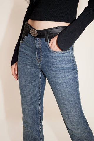 Mid-Waist Vintage Patchwork Leather Slim-Fit Flared Jeans
