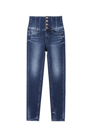 Dark Blue Four-Button Ultra-High Waist Cashmere Skinny Jeans