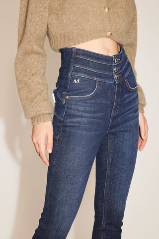 High-Waist Deep Blue Fleece-Lined Slim-Fit Denim Jeans