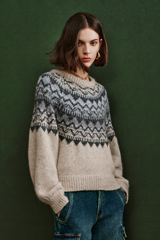 Round Neck Falkland Vintage-Style Mohair Knit Sweater