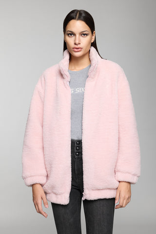 Light Pink Stand Collar Faux Fur Jacket