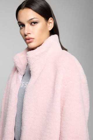 Light Pink Stand Collar Faux Fur Jacket