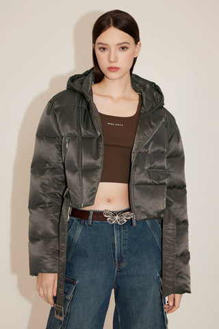 Vintage Cargo Style Hooded Cropped Down Jacket