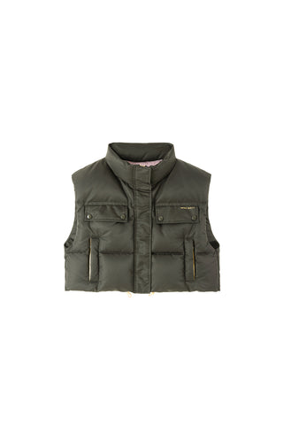 Contrasting Green Stand Collar Cropped Down Vest