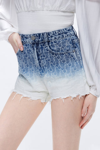 High Waist Gradient Jacquard Denim Shorts