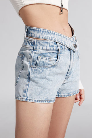 Straight Fit Denim Shorts With Paneled Waist Design