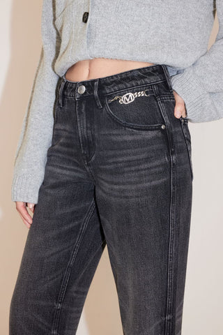 Dark Washed Straight Fit Jeans With Crystals