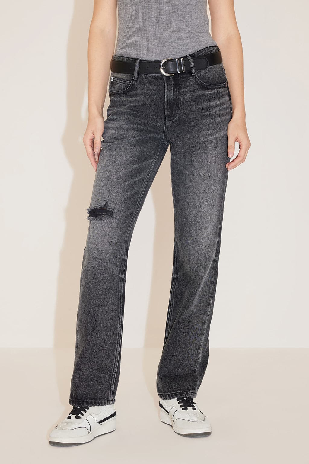Black And Grey Ripped Straight Fit Jeans